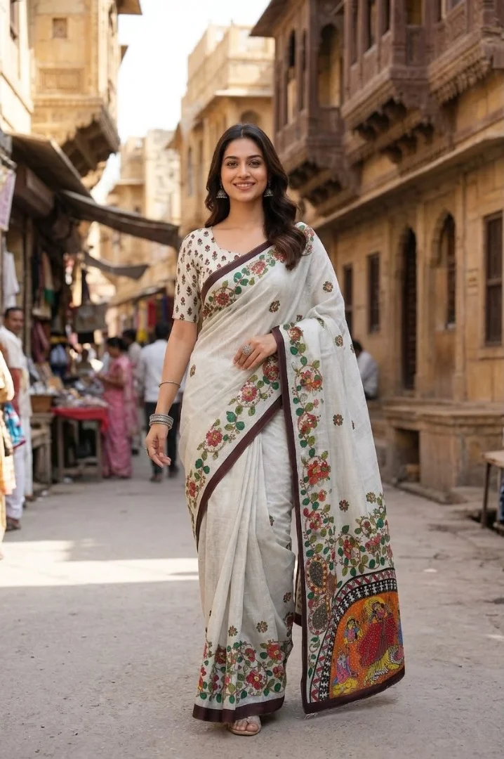 Off-White Hand-Painted Madhubani Printed Chanderi Silk Saree with Traditional Border and Matching Blouse Piece image 2