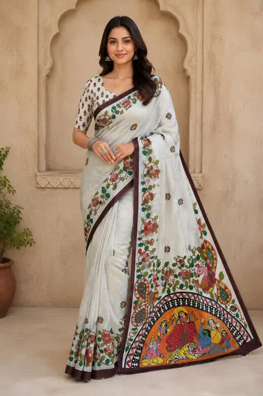 Off-White Hand-Painted Madhubani Printed Chanderi Silk Saree with Traditional Border and Matching Blouse Piece thumbnail 3