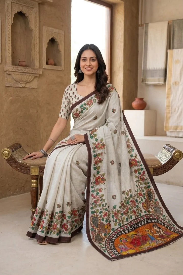Off-White Hand-Painted Madhubani Printed Chanderi Silk Saree with Traditional Border and Matching Blouse Piece image 1