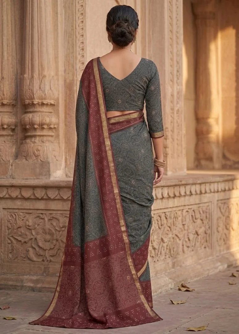 Dark Grey Three-Quarter Sleeve Linen Blouse piece with a complementary maroon and gold-trimmed border image 4