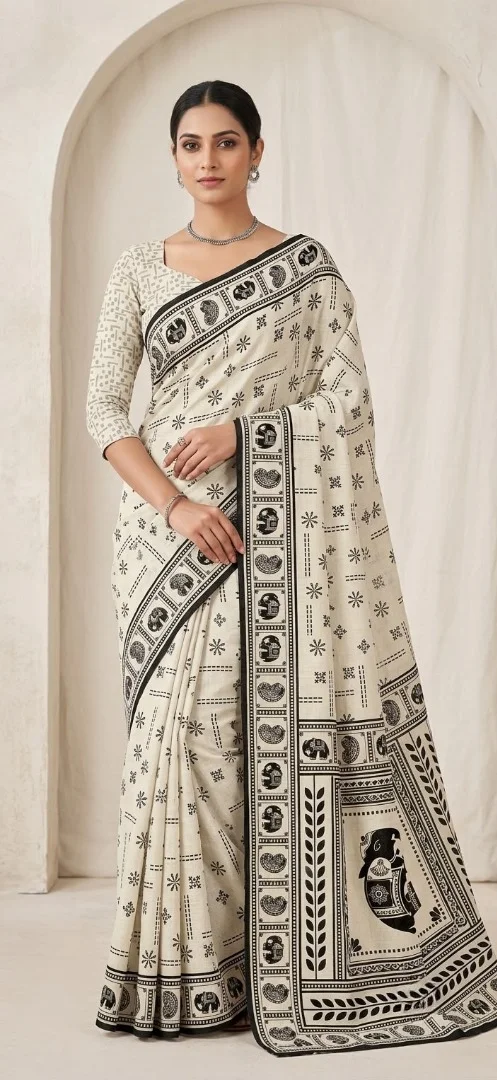 Off White and Black Block Printed Linen Blend Saree with Traditional Motifs and Contrast Border for Women image 1