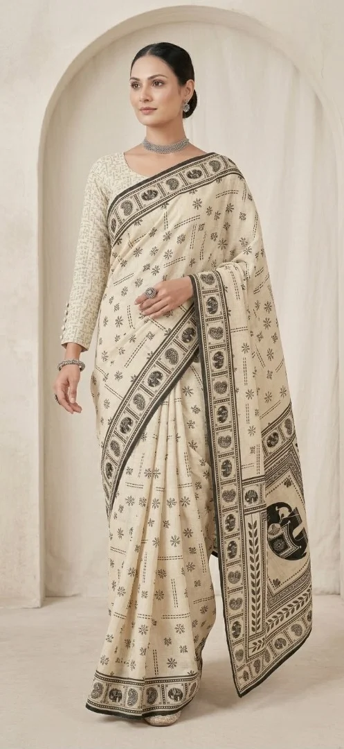 Off White and Black Block Printed Linen Blend Saree with Traditional Motifs and Contrast Border for Women image 2