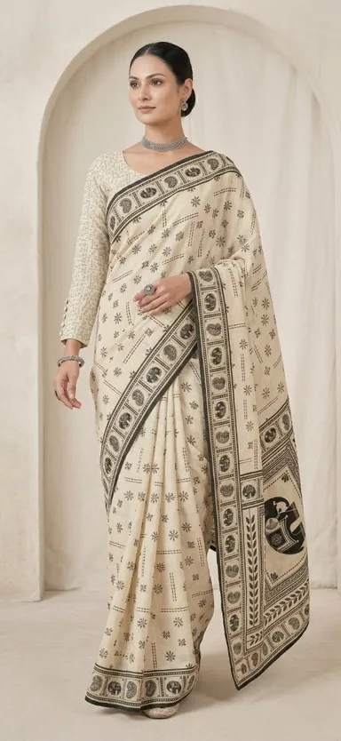 Off White and Black Block Printed Linen Blend Saree with Traditional Motifs and Contrast Border for Women thumbnail 1