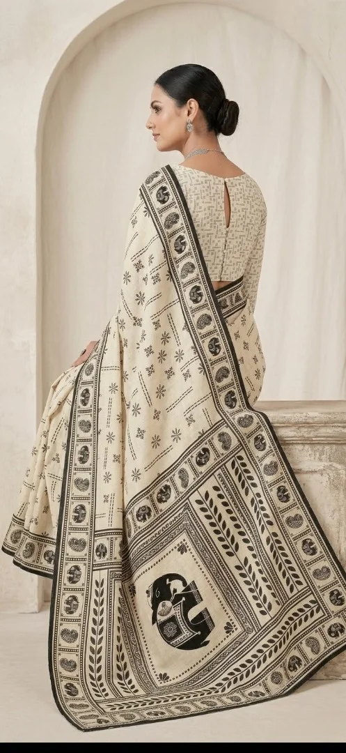Off White and Black Block Printed Linen Blend Saree with Traditional Motifs and Contrast Border for Women image 3
