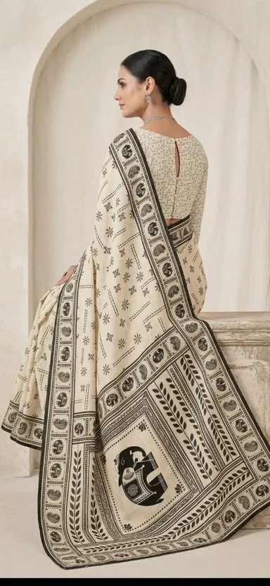 Off White and Black Block Printed Linen Blend Saree with Traditional Motifs and Contrast Border for Women thumbnail 2