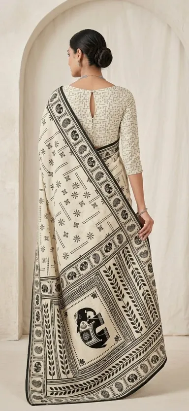 Off White and Black Block Printed Linen Blend Saree with Traditional Motifs and Contrast Border for Women thumbnail 3