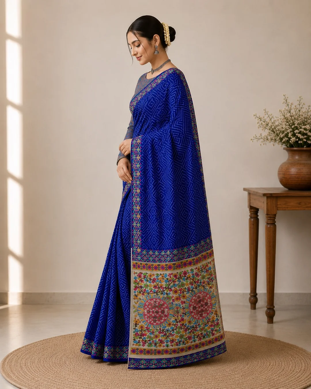 Royal Blue Bandhani Print Fabric Linen Saree with Traditional Multicolored Floral Pallu and Border image 3