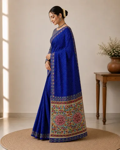Royal Blue Bandhani Print Fabric Linen Saree with Traditional Multicolored Floral Pallu and Border thumbnail 2