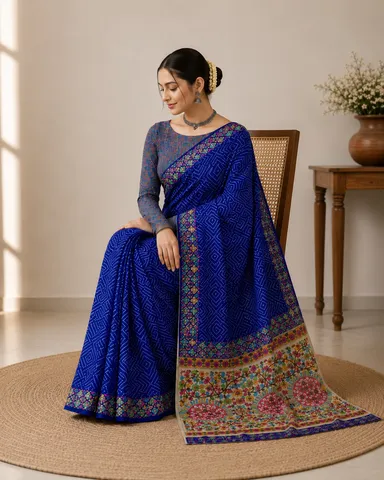 Royal Blue Bandhani Print Fabric Linen Saree with Traditional Multicolored Floral Pallu and Border thumbnail 1