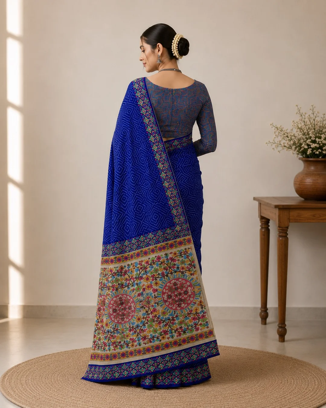 Royal Blue Bandhani Print Fabric Linen Saree with Traditional Multicolored Floral Pallu and Border image 4