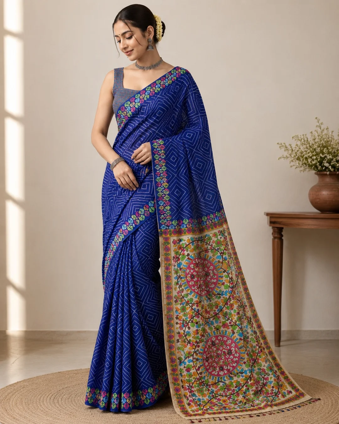 Royal Blue Bandhani Print Fabric Linen Saree with Traditional Multicolored Floral Pallu and Border image 1