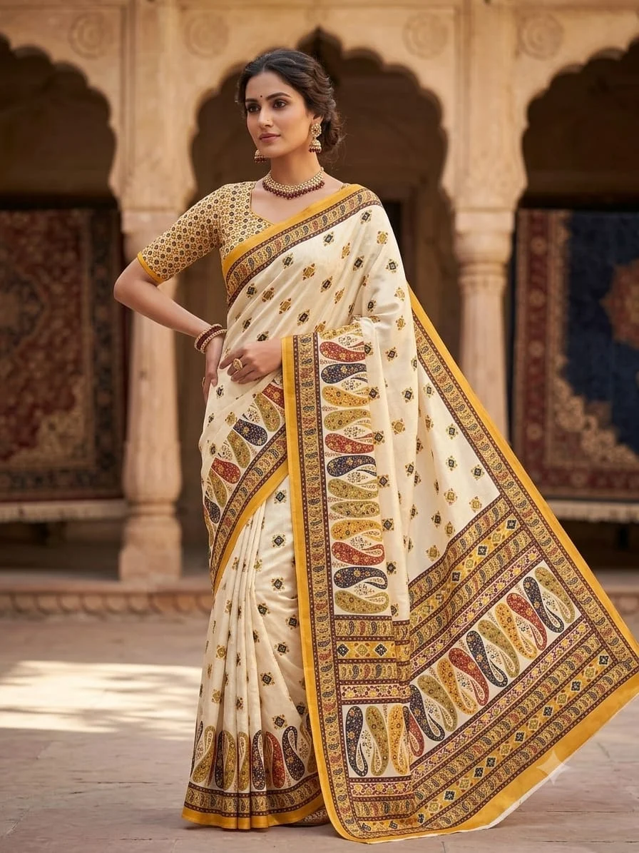 Elegant Off-White and Yellow Fabric Line Saree Featuring Traditional Multi-Color Paisley Prints and Contrast Border image 1