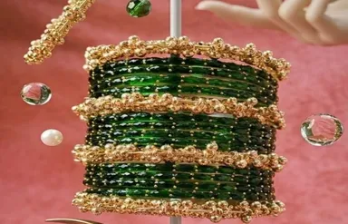 Designer Green Stone Bangles Set for Women Gold Tone Ethnic Bridal Chudi Set Traditional Wedding Jewellery Festival Wear Kangan with Decorative Beads Green Stone, Gold Tone 2.6 thumbnail 1