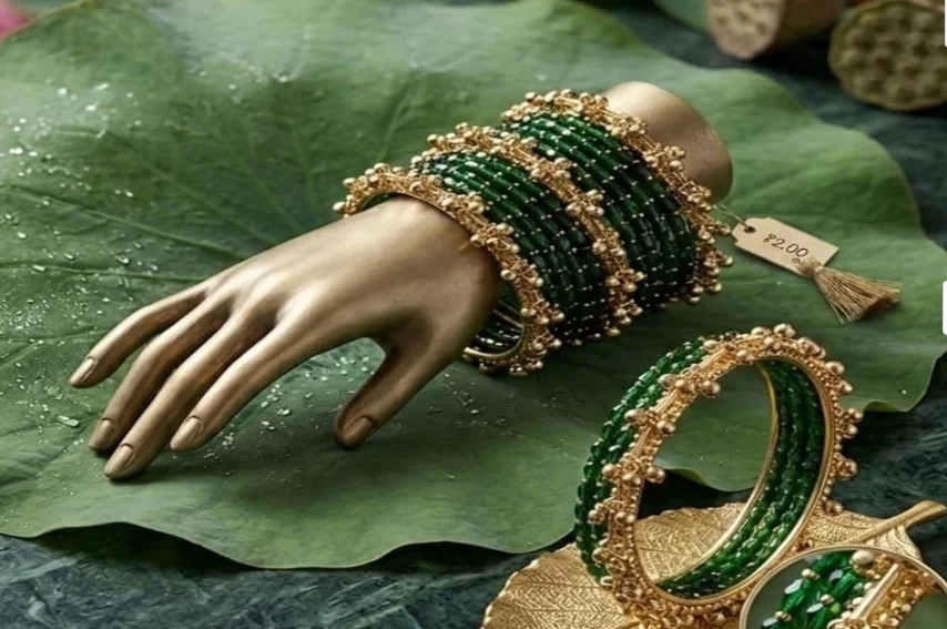 Designer Green Stone Bangles Set for Women Gold Tone Ethnic Bridal Chudi Set Traditional Wedding Jewellery Festival Wear Kangan with Decorative Beads Green Stone, Gold Tone 2.8 image 2