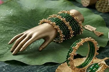 Designer Green Stone Bangles Set for Women Gold Tone Ethnic Bridal Chudi Set Traditional Wedding Jewellery Festival Wear Kangan with Decorative Beads Green Stone, Gold Tone 2.8 thumbnail 1