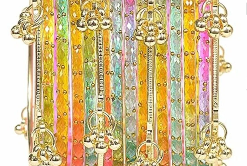 Multicolor Kashmiri Ghungroo Glass Bangles Set with Golden Latkan Charms Traditional Rainbow Glitter Chudi Stack for Women Wedding Festival Party Ethnic Jewellery Wear Multicolor 2.4 image 3