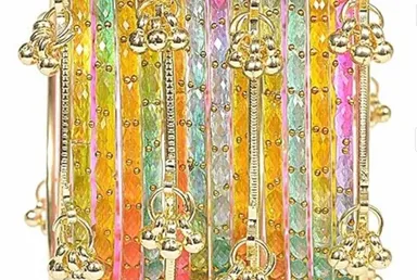Multicolor Kashmiri Ghungroo Glass Bangles Set with Golden Latkan Charms Traditional Rainbow Glitter Chudi Stack for Women Wedding Festival Party Ethnic Jewellery Wear Multicolor 2.6 thumbnail 2