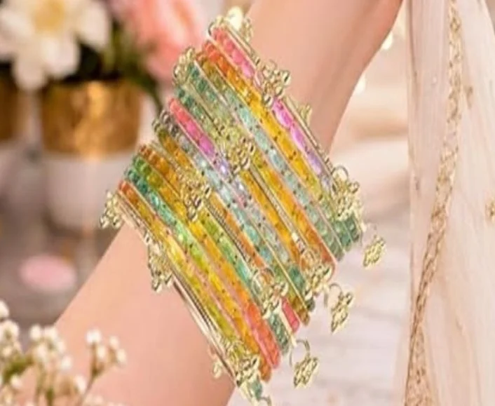 Multicolor Kashmiri Ghungroo Glass Bangles Set with Golden Latkan Charms Traditional Rainbow Glitter Chudi Stack for Women Wedding Festival Party Ethnic Jewellery Wear Multicolor 2.8 image 2