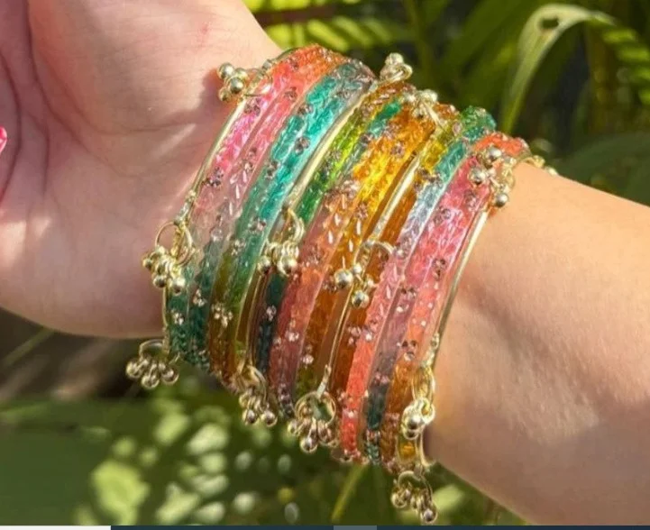 Multicolor Kashmiri Ghungroo Glass Bangles Set with Golden Latkan Charms Traditional Rainbow Glitter Chudi Stack for Women Wedding Festival Party Ethnic Jewellery Wear Multicolor 2.8 image 1
