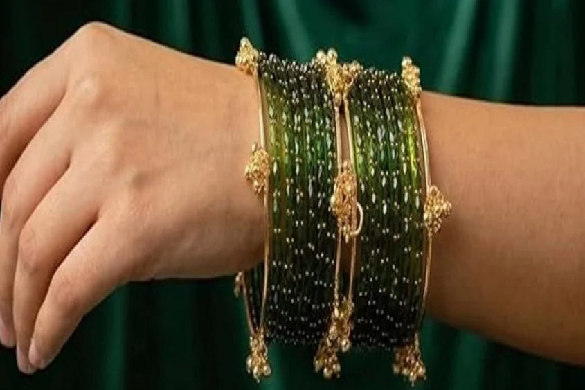 Premium Traditional Emerald Green Glass Bangle Set with Gold-Plated Ghungroo Latkan Designer Kangan Ends for Women & Girls Wedding Bridal Ethnic Jewellery Festival Wear Emerald Green 2.6 image 3