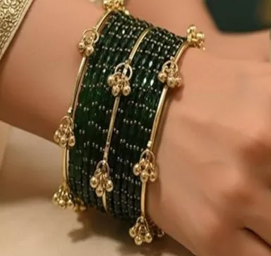 Premium Traditional Emerald Green Glass Bangle Set with Gold-Plated Ghungroo Latkan Designer Kangan Ends for Women & Girls Wedding Bridal Ethnic Jewellery Festival Wear Emerald Green 2.6 thumbnail 1