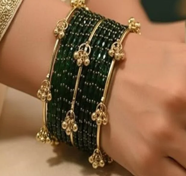 Premium Traditional Emerald Green Glass Bangle Set with Gold-Plated Ghungroo Latkan Designer Kangan Ends for Women & Girls Wedding Bridal Ethnic Jewellery Festival Wear Emerald Green 2.8 image 2