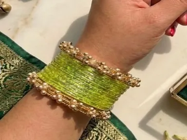 Lime Green Textured Glass Bangles Set for Women with Antique Gold Ghungroo Beaded Kada Accent Borders Traditional Ethnic Designer Chudi Set for Both Hands Wedding Festive Jewellery Lime Green 2.2  thumbnail 0