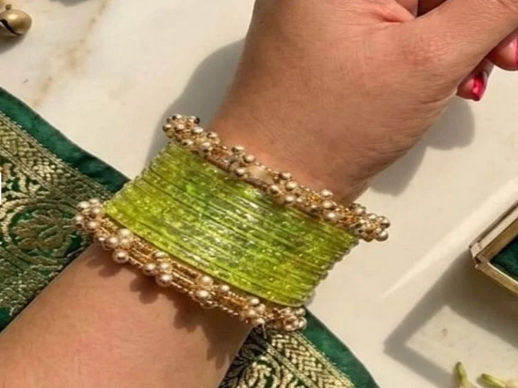 Lime Green Textured Glass Bangles Set for Women with Antique Gold Ghungroo Beaded Kada Accent Borders Traditional Ethnic Designer Chudi Set for Both Hands Wedding Festive Jewellery Lime Green 2.4 image 1
