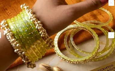 Lime Green Textured Glass Bangles Set for Women with Antique Gold Ghungroo Beaded Kada Accent Borders Traditional Ethnic Designer Chudi Set for Both Hands Wedding Festive Jewellery Lime Green 2.4 thumbnail 1