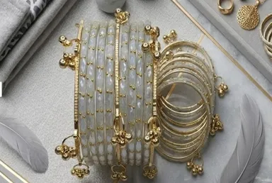 Traditional White Pearl & Gold Kashmiri Ghungroo Latkan Bangle Set for Women & Girls, Ethnic Bridal Glass Churiya Designer Kada Pair with Small Bell Charms, Wedding Festival Jewellery White Pearl & Gold 2.4 thumbnail 0