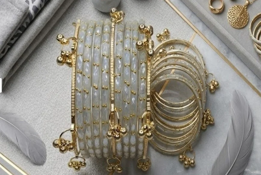 Traditional White Pearl & Gold Kashmiri Ghungroo Latkan Bangle Set for Women & Girls, Ethnic Bridal Glass Churiya Designer Kada Pair with Small Bell Charms, Wedding Festival Jewellery White Pearl & Gold 2.6 image 1