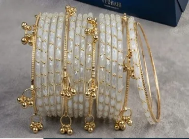 Traditional White Pearl & Gold Kashmiri Ghungroo Latkan Bangle Set for Women & Girls, Ethnic Bridal Glass Churiya Designer Kada Pair with Small Bell Charms, Wedding Festival Jewellery White Pearl & Gold 2.6 thumbnail 1