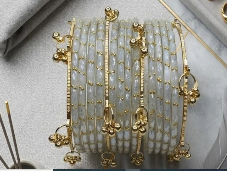 Traditional White Pearl & Gold Kashmiri Ghungroo Latkan Bangle Set for Women & Girls, Ethnic Bridal Glass Churiya Designer Kada Pair with Small Bell Charms, Wedding Festival Jewellery White Pearl & Gold 2.6 image 3