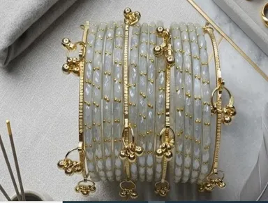 Traditional White Pearl & Gold Kashmiri Ghungroo Latkan Bangle Set for Women & Girls, Ethnic Bridal Glass Churiya Designer Kada Pair with Small Bell Charms, Wedding Festival Jewellery White Pearl & Gold 2.6 thumbnail 2