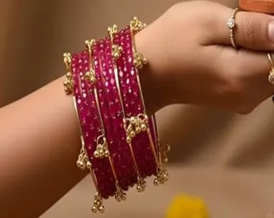 Traditional Gold-Plated Ruby Pink Crystal Beaded Bangles Set with Hanging Ghungroo Charms for Women, Kashmiri Style Festive Chooda Kada Jewellery Set, Ethnic Wedding Party Wear Designer Glass Bangles Ruby Pink, Gold Tone 2.2  thumbnail 2
