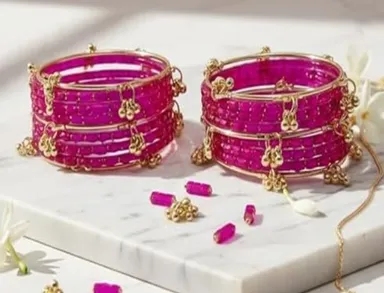 Traditional Gold-Plated Ruby Pink Crystal Beaded Bangles Set with Hanging Ghungroo Charms for Women, Kashmiri Style Festive Chooda Kada Jewellery Set, Ethnic Wedding Party Wear Designer Glass Bangles Ruby Pink, Gold Tone 2.2  thumbnail 1