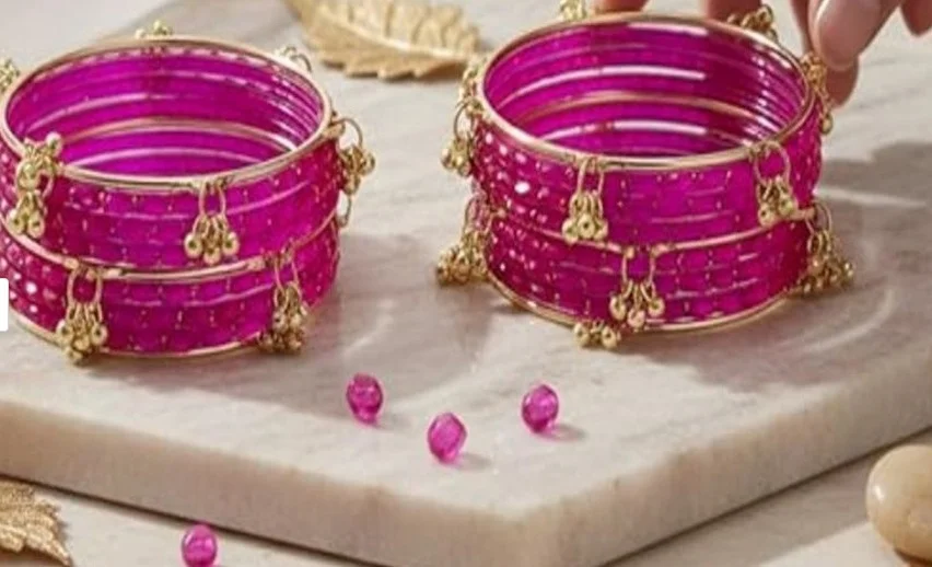 Traditional Gold-Plated Ruby Pink Crystal Beaded Bangles Set with Hanging Ghungroo Charms for Women, Kashmiri Style Festive Chooda Kada Jewellery Set, Ethnic Wedding Party Wear Designer Glass Bangles Ruby Pink, Gold Tone 2.4 image 1