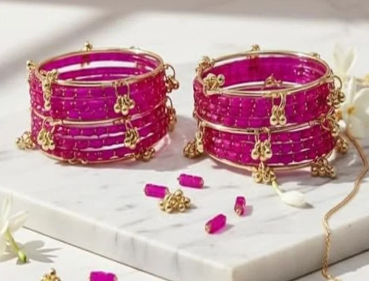 Traditional Gold-Plated Ruby Pink Crystal Beaded Bangles Set with Hanging Ghungroo Charms for Women, Kashmiri Style Festive Chooda Kada Jewellery Set, Ethnic Wedding Party Wear Designer Glass Bangles Ruby Pink, Gold Tone 2.4 image 2