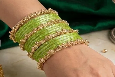 Traditional Light Green Glass & Glitter Bangle Set with Gold Beaded Ghungroo Kadas – Ethnic Bridal & Festive Chooda Set for Women and Girls Light Green, Gold 2.4 thumbnail 0