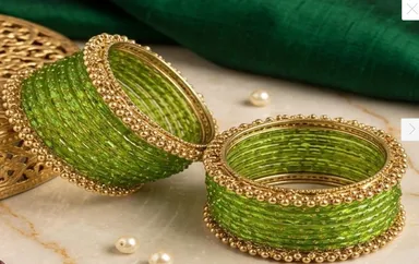 Traditional Light Green Glass & Glitter Bangle Set with Gold Beaded Ghungroo Kadas – Ethnic Bridal & Festive Chooda Set for Women and Girls Light Green, Gold 2.8 thumbnail 1