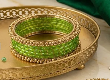 Traditional Light Green Glass & Glitter Bangle Set with Gold Beaded Ghungroo Kadas – Ethnic Bridal & Festive Chooda Set for Women and Girls Light Green, Gold 2.8 thumbnail 2