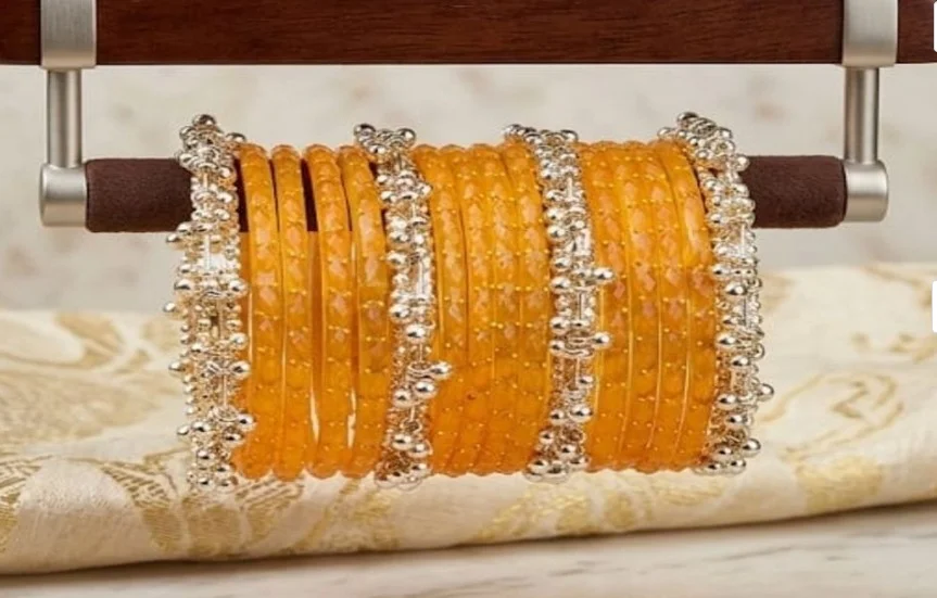 Premium Traditional Orange Bridal Chooda Bangles Set for Women with Gold Beaded Kundan Style Design, Wedding Bangles, Punjabi Chura, Ethnic Bridal Jewellery for Marriage, Engagement, Karwa Chauth, Festivals and Special Occasions give me Orange 2.6 image 2