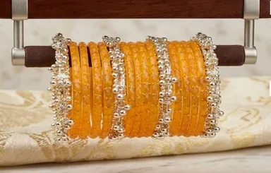 Premium Traditional Orange Bridal Chooda Bangles Set for Women with Gold Beaded Kundan Style Design, Wedding Bangles, Punjabi Chura, Ethnic Bridal Jewellery for Marriage, Engagement, Karwa Chauth, Festivals and Special Occasions give me Orange 2.6 thumbnail 1