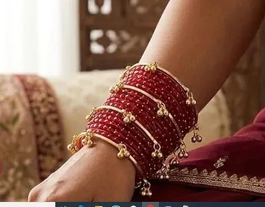 Dark Red Bridal Chooda Bangles Set for Women with Gold Tone Ghungroo Latkan, Glitter Punjabi Chura, Wedding Bridal Bangles, Ethnic Marriage Jewellery Set for Bride, Engagement, Reception, Karwa Chauth and Teej Dark Red 2.4 thumbnail 1