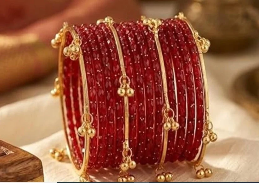 Dark Red Bridal Chooda Bangles Set for Women with Gold Tone Ghungroo Latkan, Glitter Punjabi Chura, Wedding Bridal Bangles, Ethnic Marriage Jewellery Set for Bride, Engagement, Reception, Karwa Chauth and Teej Dark Red 2.4 image 1