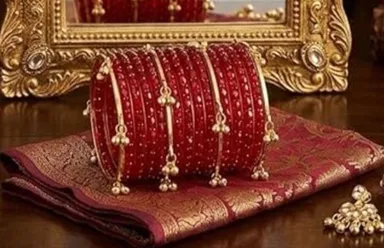 Dark Red Bridal Chooda Bangles Set for Women with Gold Tone Ghungroo Latkan, Glitter Punjabi Chura, Wedding Bridal Bangles, Ethnic Marriage Jewellery Set for Bride, Engagement, Reception, Karwa Chauth and Teej Dark Red 2.8 thumbnail 2