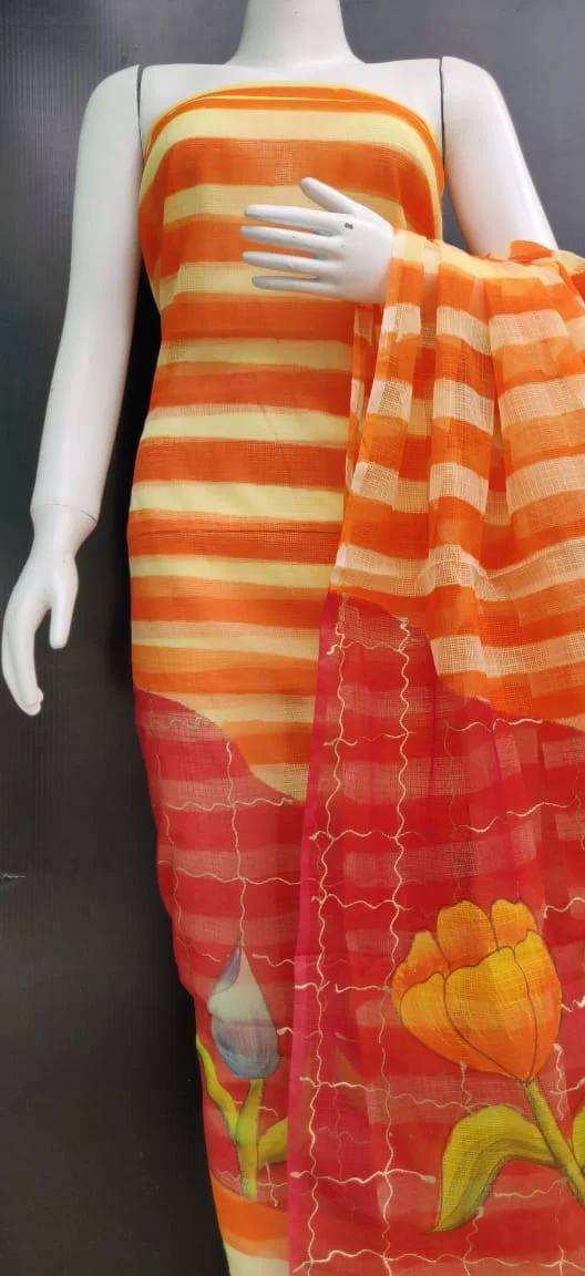 Women's Orange & Cream Striped Cotton Blend Unstitched Salwar Suit Dress Material with Designer Floral Printed Dupatta for Casual, Festive & Daily Wear|2.5 meter material Free Size image 1