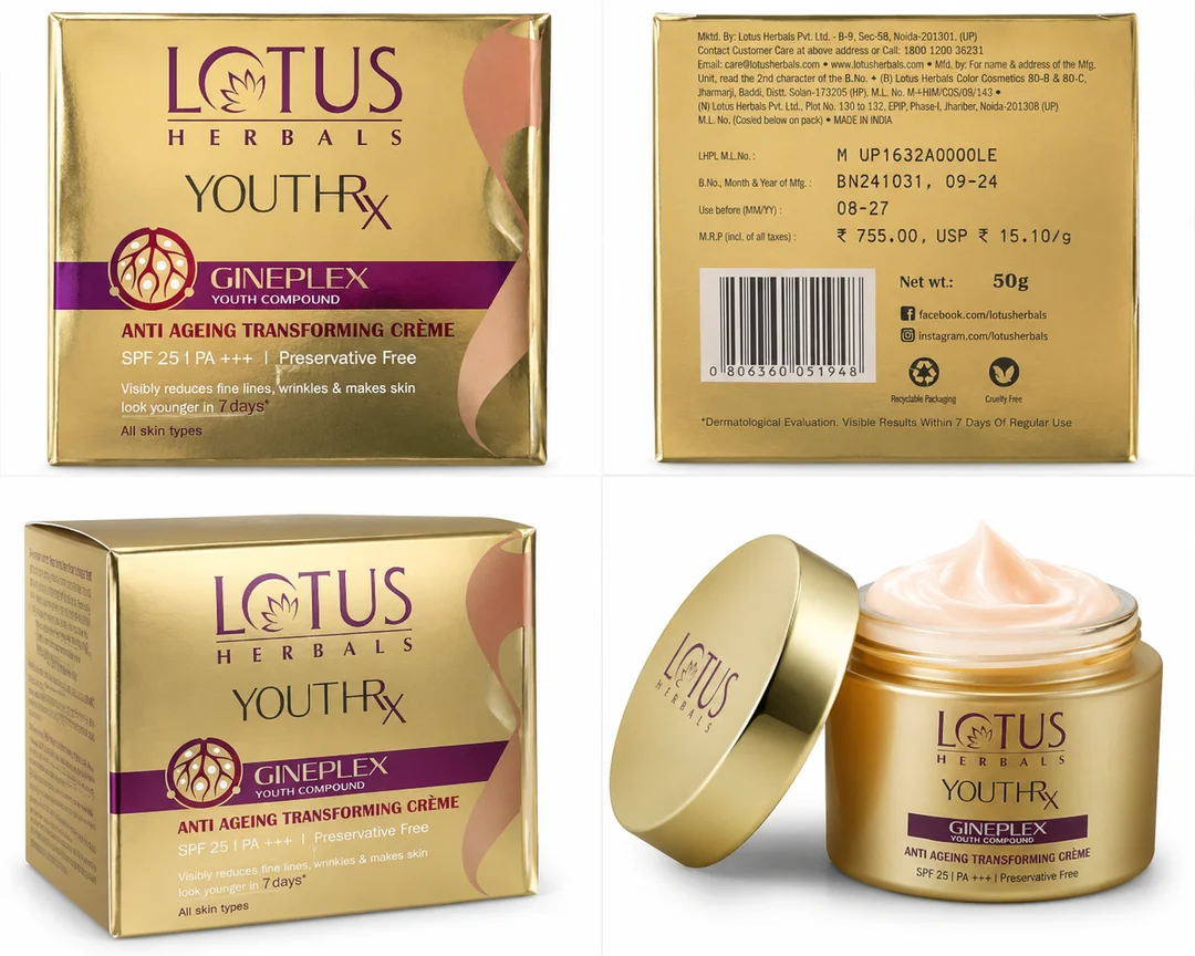 Lotus Herbals YouthRx Gineplex Youth Compound Anti Ageing Transforming Crème SPF 25 PA+++ Preservative Free. image 1