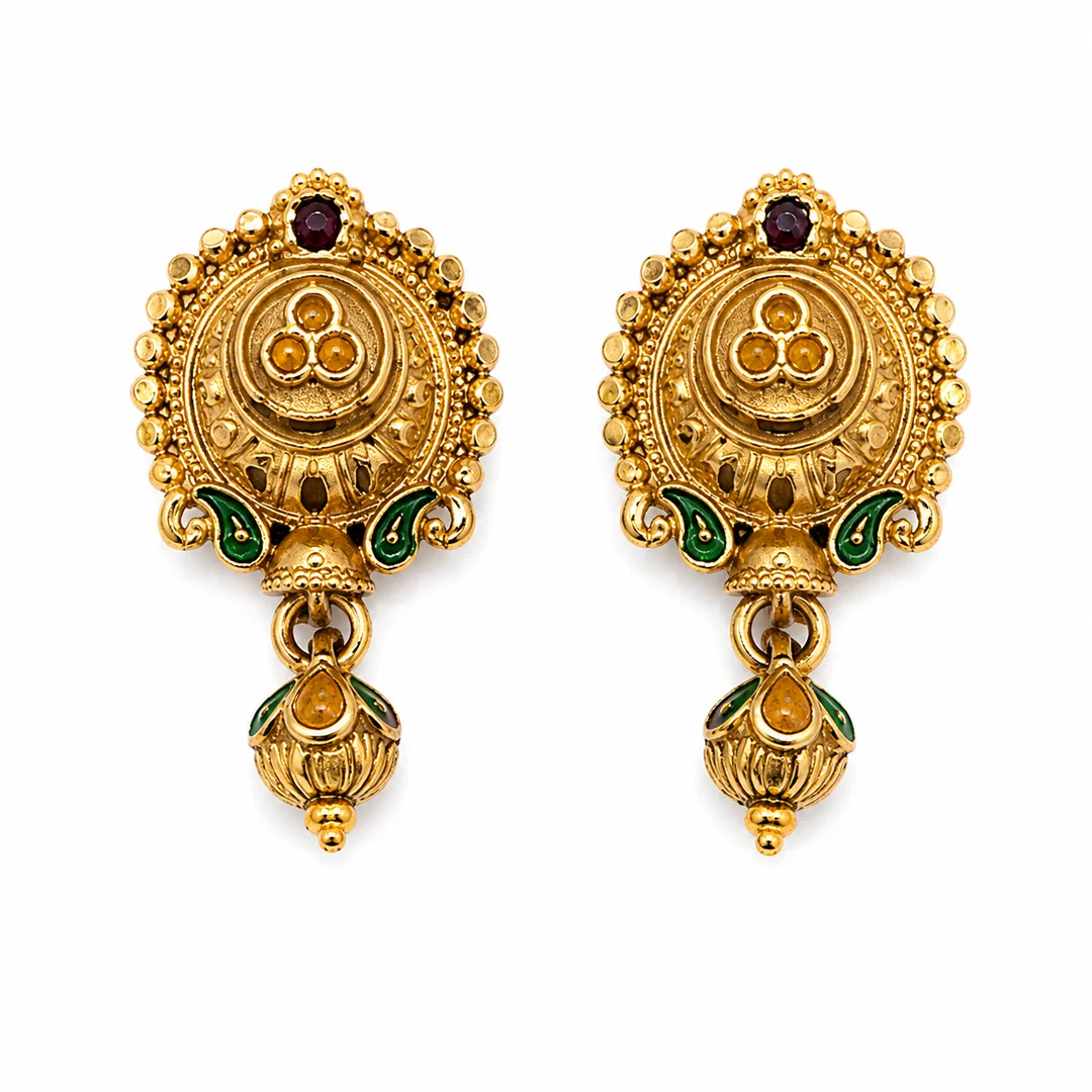 Traditional Gold-Tone Kundan Style Ethnic Drop Earrings with Green Stone Detailing for Women image 2