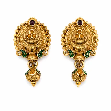 Traditional Gold-Tone Kundan Style Ethnic Drop Earrings with Green Stone Detailing for Women thumbnail 1